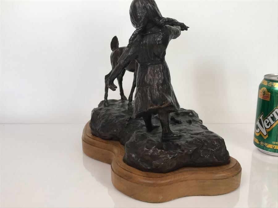 Vintage 1976 Renee Thompson Bronze Sculpture Titled 'New Friends' Depicting Girl Feeding A Deer 1 Of 15 10 X 12 X 9 [Photo 16]