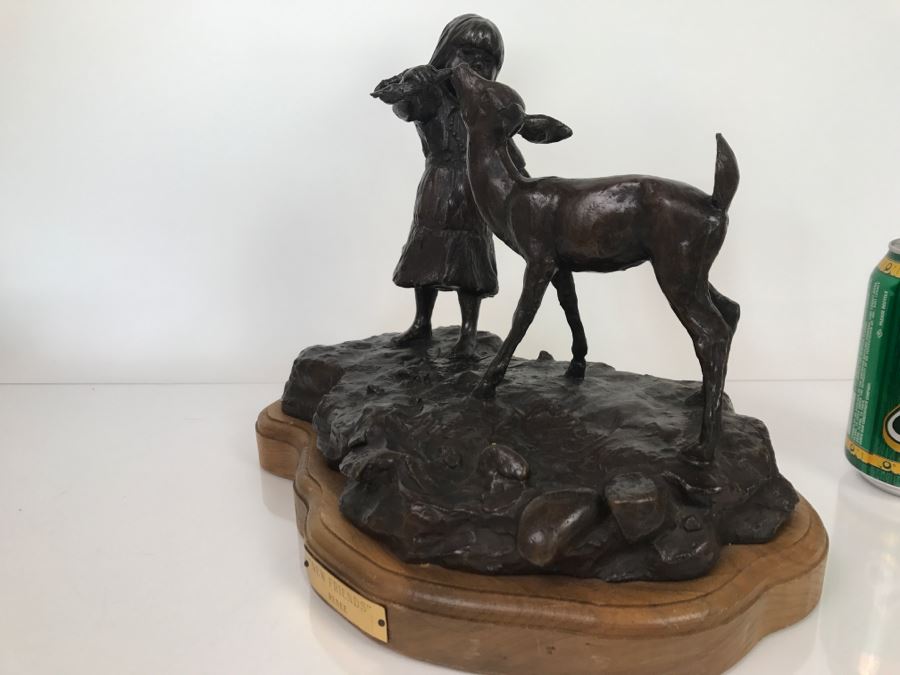 Vintage 1976 Renee Thompson Bronze Sculpture Titled 'New Friends' Depicting Girl Feeding A Deer 1 Of 15 10 X 12 X 9 [Photo 8]