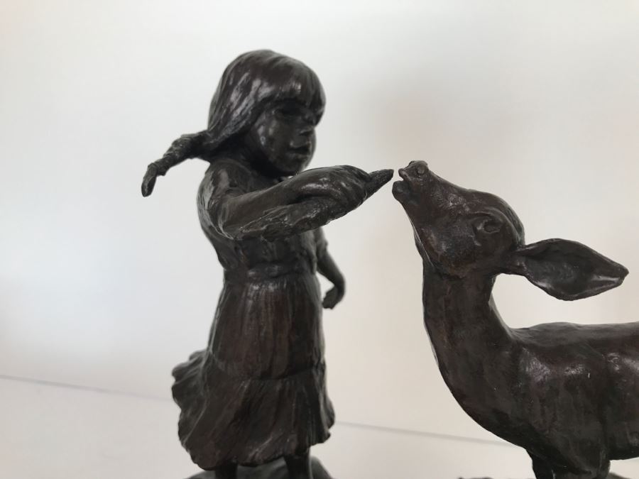 Vintage 1976 Renee Thompson Bronze Sculpture Titled 'New Friends' Depicting Girl Feeding A Deer 1 Of 15 10 X 12 X 9 [Photo 7]