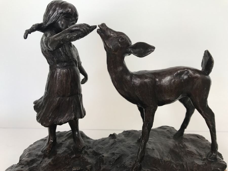 Vintage 1976 Renee Thompson Bronze Sculpture Titled 'New Friends' Depicting Girl Feeding A Deer 1 Of 15 10 X 12 X 9 [Photo 4]