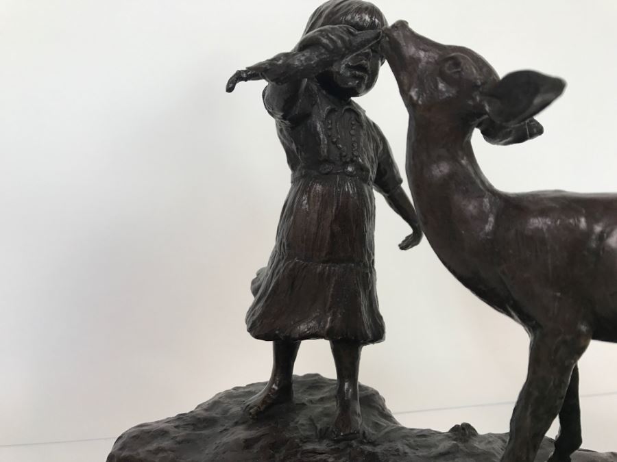 Vintage 1976 Renee Thompson Bronze Sculpture Titled 'New Friends' Depicting Girl Feeding A Deer 1 Of 15 10 X 12 X 9 [Photo 11]