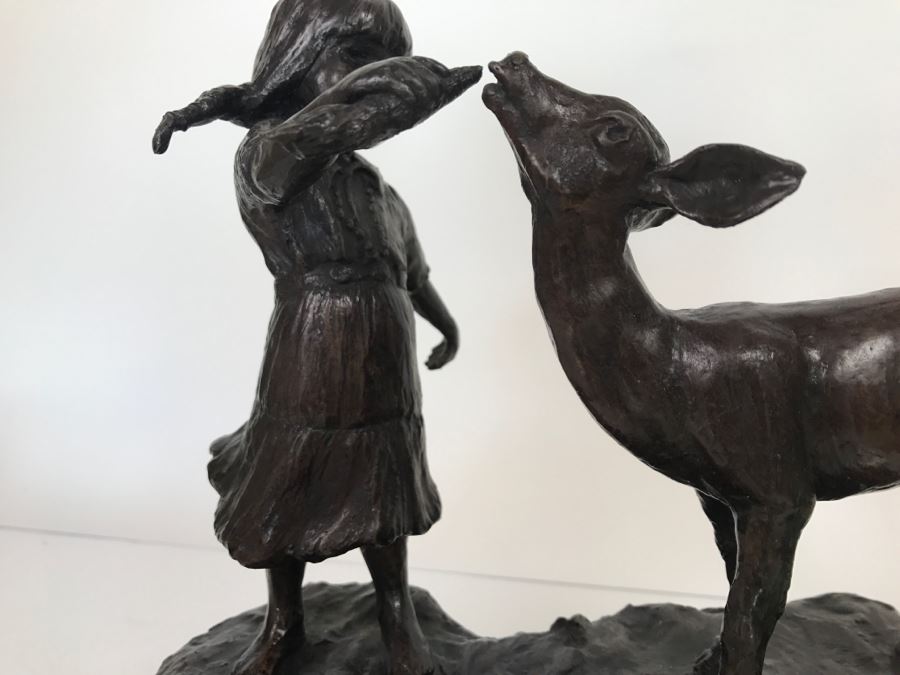 Vintage 1976 Renee Thompson Bronze Sculpture Titled 'New Friends' Depicting Girl Feeding A Deer 1 Of 15 10 X 12 X 9 [Photo 6]