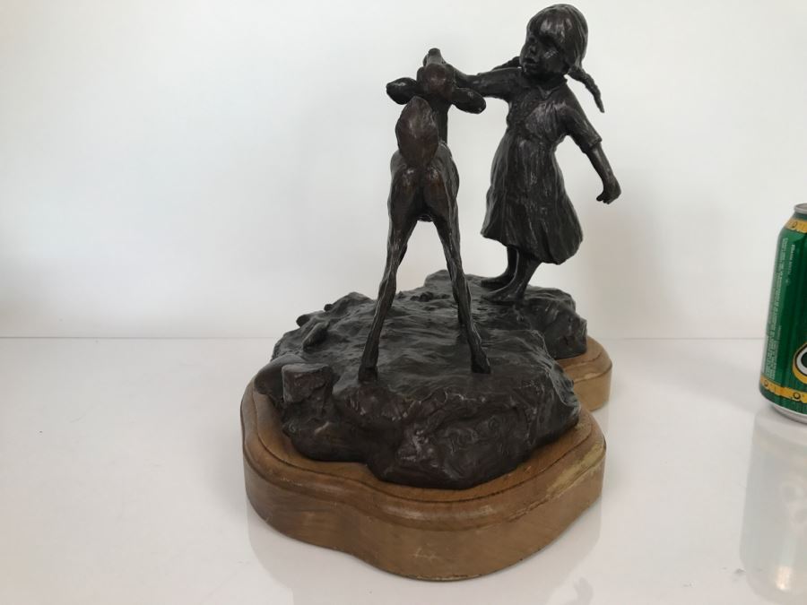 Vintage 1976 Renee Thompson Bronze Sculpture Titled 'New Friends' Depicting Girl Feeding A Deer 1 Of 15 10 X 12 X 9 [Photo 12]
