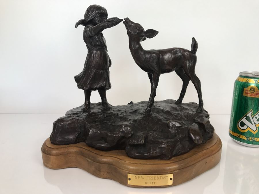 Vintage 1976 Renee Thompson Bronze Sculpture Titled 'New Friends' Depicting Girl Feeding A Deer 1 Of 15 10 X 12 X 9
