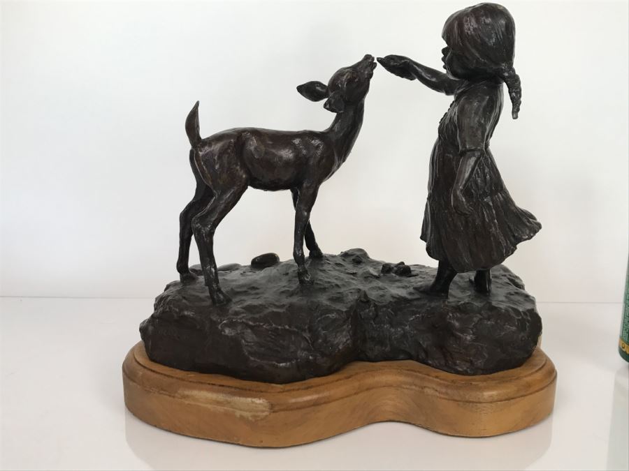 Vintage 1976 Renee Thompson Bronze Sculpture Titled 'New Friends' Depicting Girl Feeding A Deer 1 Of 15 10 X 12 X 9 [Photo 15]