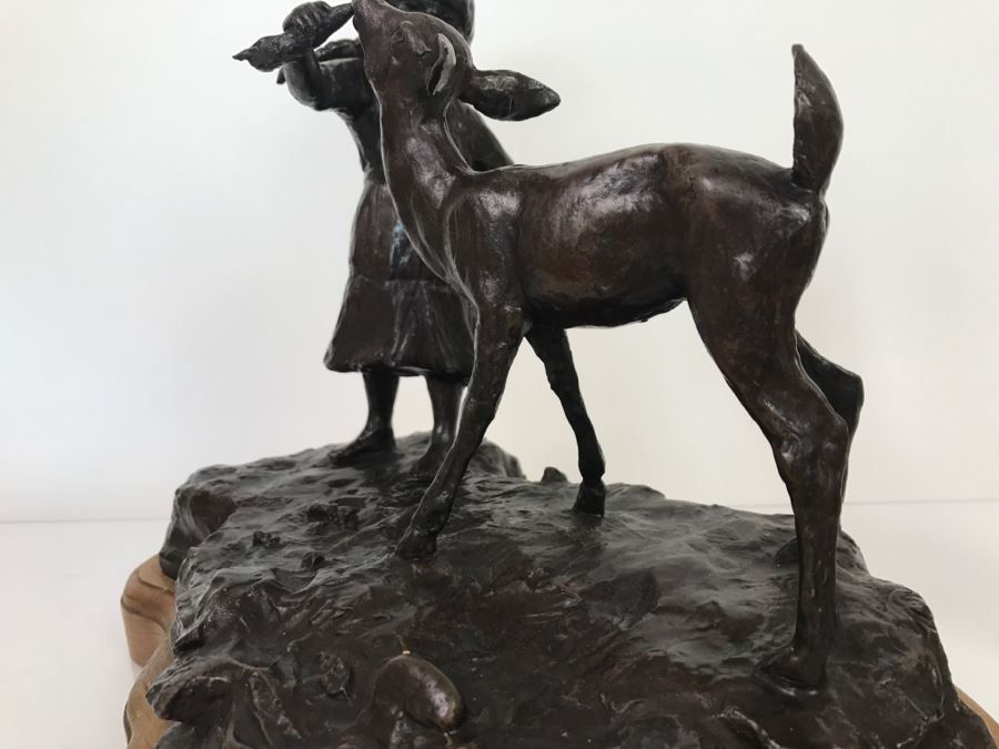 Vintage 1976 Renee Thompson Bronze Sculpture Titled 'New Friends' Depicting Girl Feeding A Deer 1 Of 15 10 X 12 X 9 [Photo 9]
