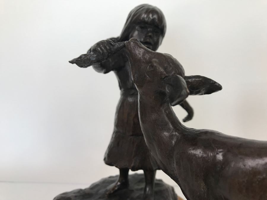 Vintage 1976 Renee Thompson Bronze Sculpture Titled 'New Friends' Depicting Girl Feeding A Deer 1 Of 15 10 X 12 X 9 [Photo 10]