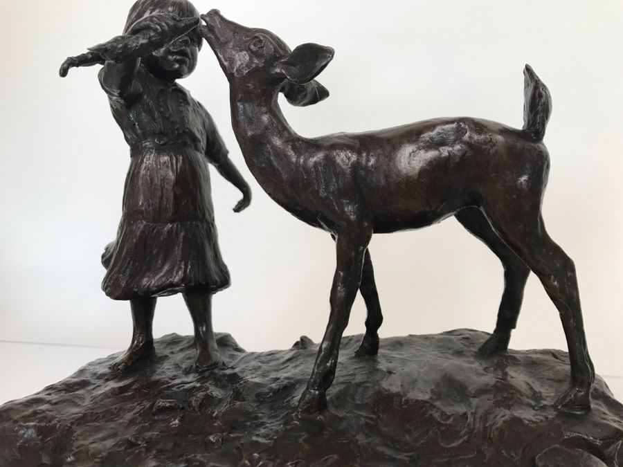Vintage 1976 Renee Thompson Bronze Sculpture Titled 'New Friends' Depicting Girl Feeding A Deer 1 Of 15 10 X 12 X 9 [Photo 5]
