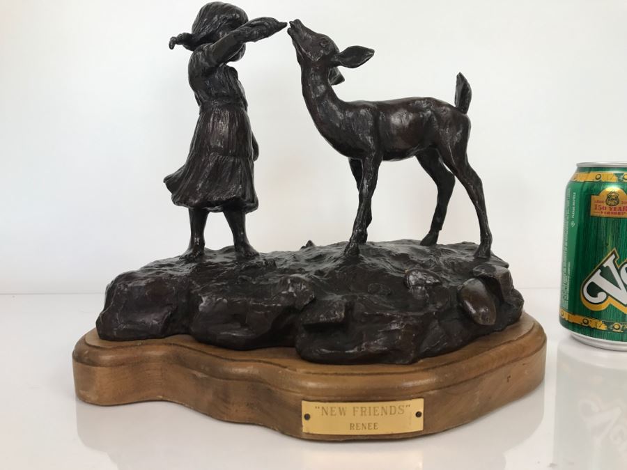 Vintage 1976 Renee Thompson Bronze Sculpture Titled 'New Friends' Depicting Girl Feeding A Deer 1 Of 15 10 X 12 X 9 [Photo 2]