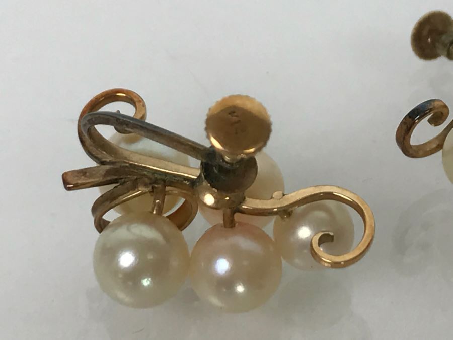 Vintage 14K Yellow Gold Pearl Earrings With Grape Motif In Original Box Yamada Jewelry Co Okinawa Japan 6.7g [Photo 10]
