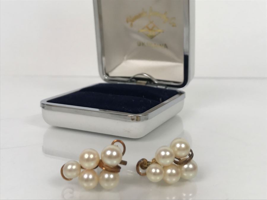 Vintage 14K Yellow Gold Pearl Earrings With Grape Motif In Original Box Yamada Jewelry Co Okinawa Japan 6.7g [Photo 7]