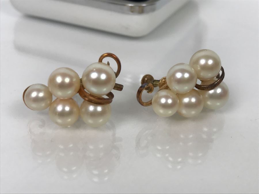 Vintage 14K Yellow Gold Pearl Earrings With Grape Motif In Original Box Yamada Jewelry Co Okinawa Japan 6.7g [Photo 8]
