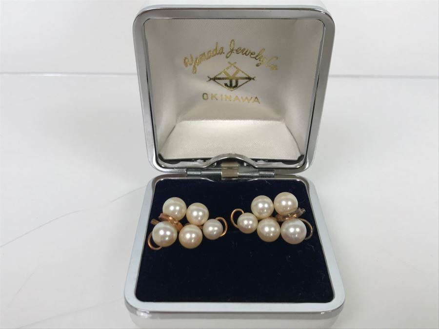 Vintage 14K Yellow Gold Pearl Earrings With Grape Motif In Original Box Yamada Jewelry Co Okinawa Japan 6.7g [Photo 2]