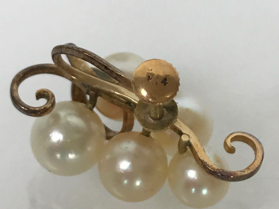 Vintage 14K Yellow Gold Pearl Earrings With Grape Motif In Original Box Yamada Jewelry Co Okinawa Japan 6.7g [Photo 11]