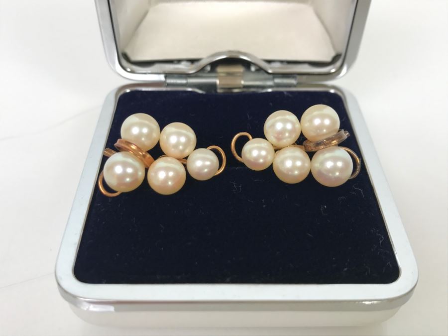 Vintage 14K Yellow Gold Pearl Earrings With Grape Motif In Original Box Yamada Jewelry Co Okinawa Japan 6.7g