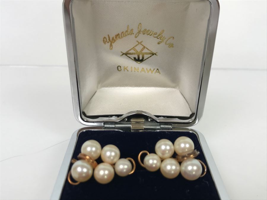 Vintage 14K Yellow Gold Pearl Earrings With Grape Motif In Original Box Yamada Jewelry Co Okinawa Japan 6.7g [Photo 3]