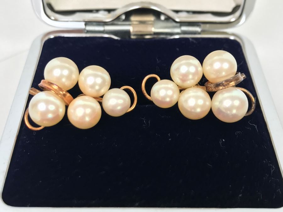 Vintage 14K Yellow Gold Pearl Earrings With Grape Motif In Original Box Yamada Jewelry Co Okinawa Japan 6.7g [Photo 5]