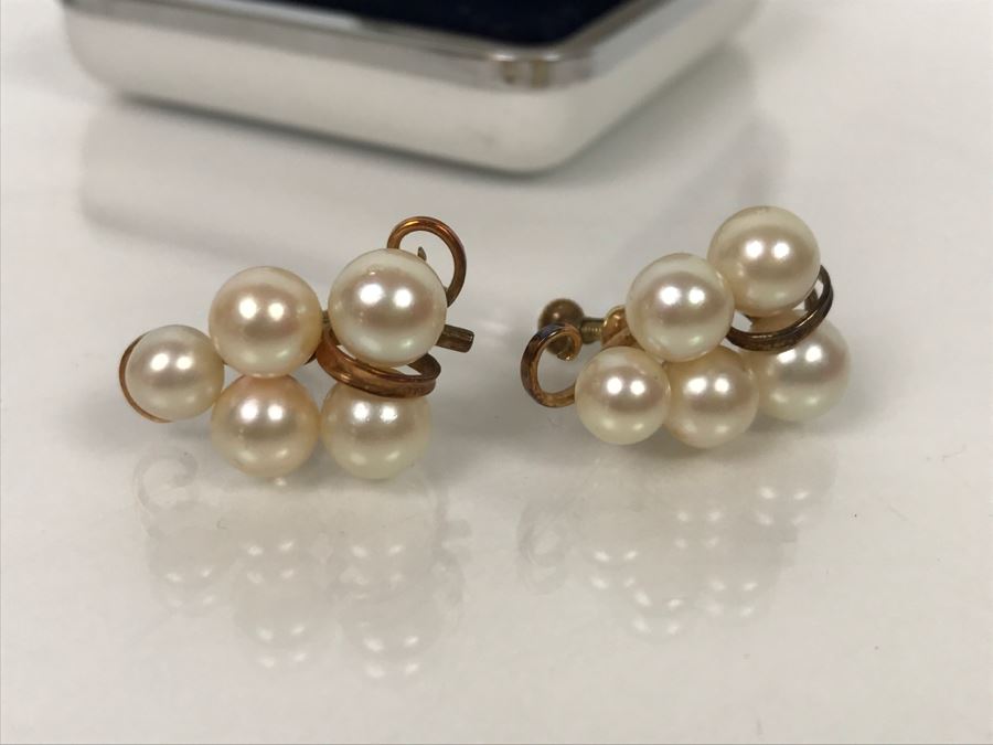 Vintage 14K Yellow Gold Pearl Earrings With Grape Motif In Original Box Yamada Jewelry Co Okinawa Japan 6.7g [Photo 6]