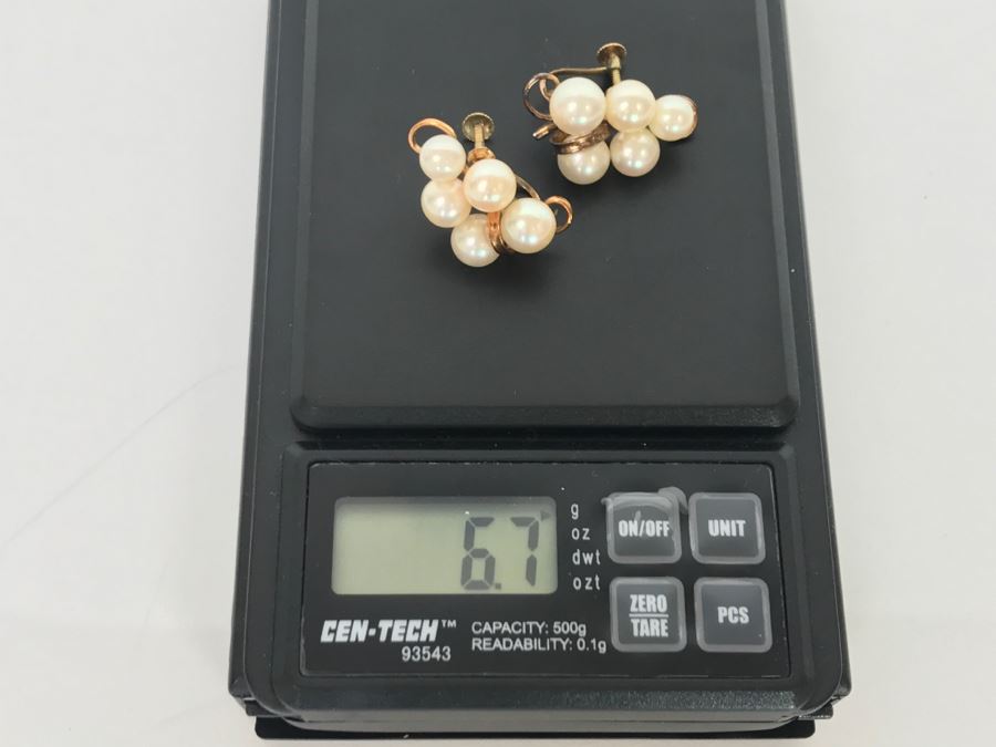Vintage 14K Yellow Gold Pearl Earrings With Grape Motif In Original Box Yamada Jewelry Co Okinawa Japan 6.7g [Photo 12]