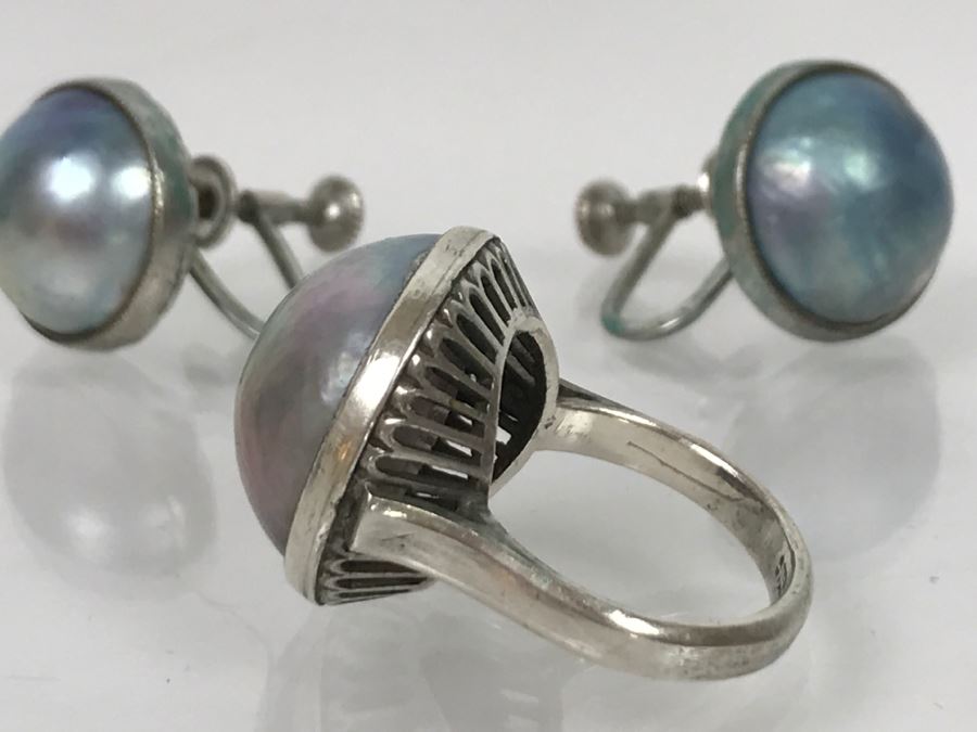 Vintage Sterling Silver Pearl Ring With Matching Earrings 13g [Photo 2]