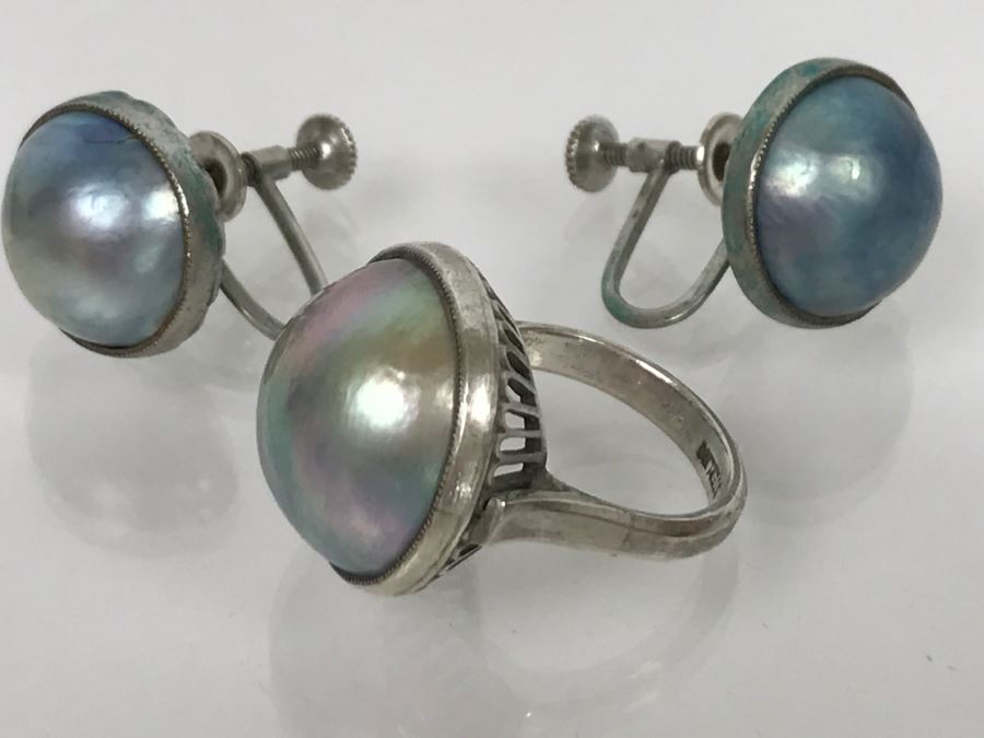 Vintage Sterling Silver Pearl Ring With Matching Earrings 13g [Photo 5]
