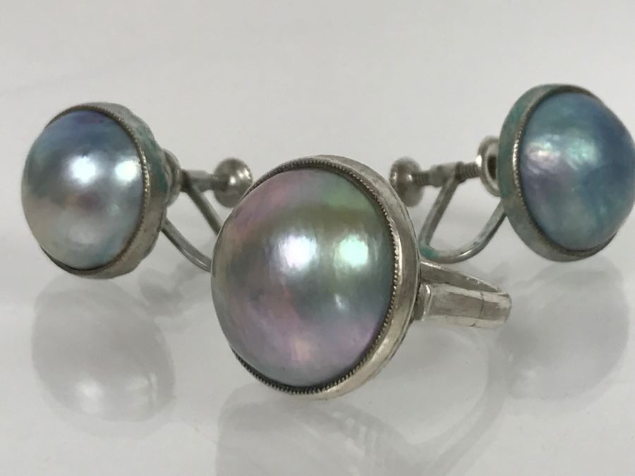 Vintage Sterling Silver Pearl Ring With Matching Earrings 13g [Photo 4]