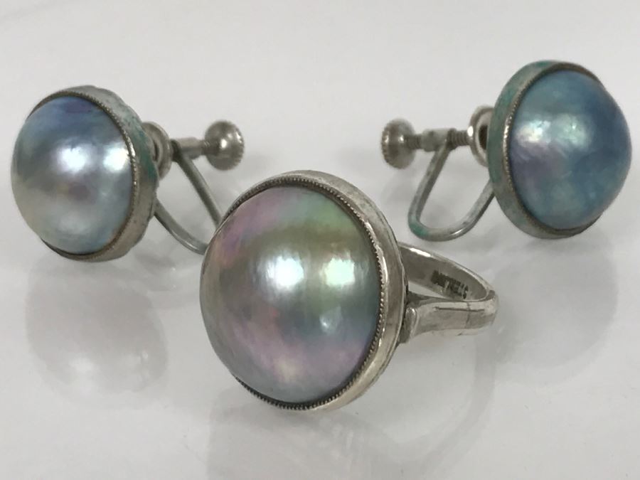 Vintage Sterling Silver Pearl Ring With Matching Earrings 13g [Photo 3]