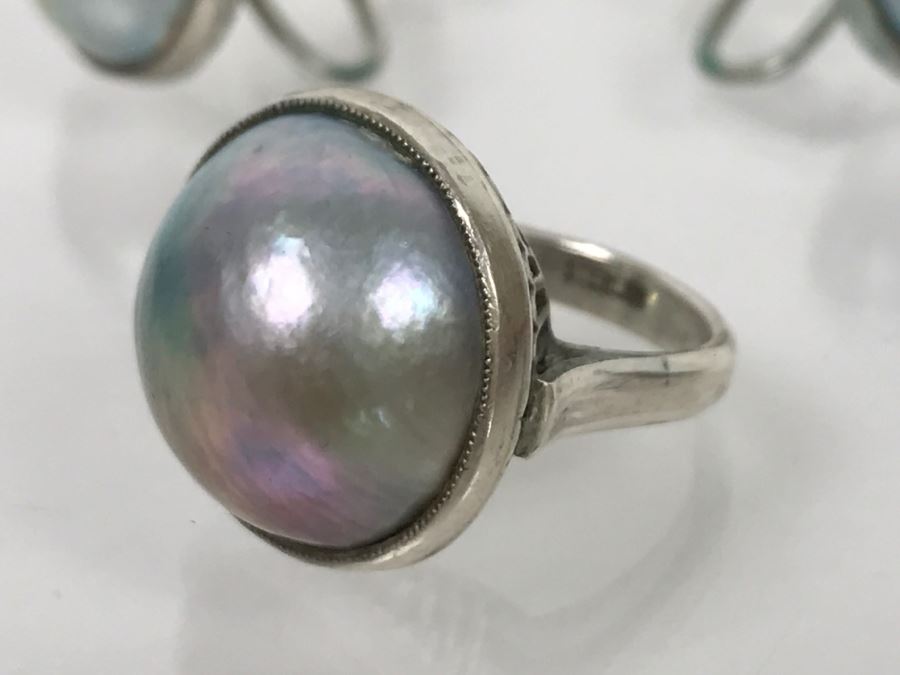 Vintage Sterling Silver Pearl Ring With Matching Earrings 13g [Photo 7]