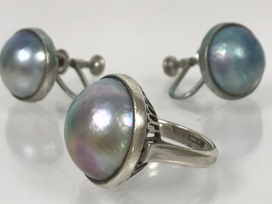 Vintage Sterling Silver Pearl Ring With Matching Earrings 13g [Photo 8]