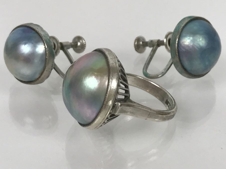 Vintage Sterling Silver Pearl Ring With Matching Earrings 13g