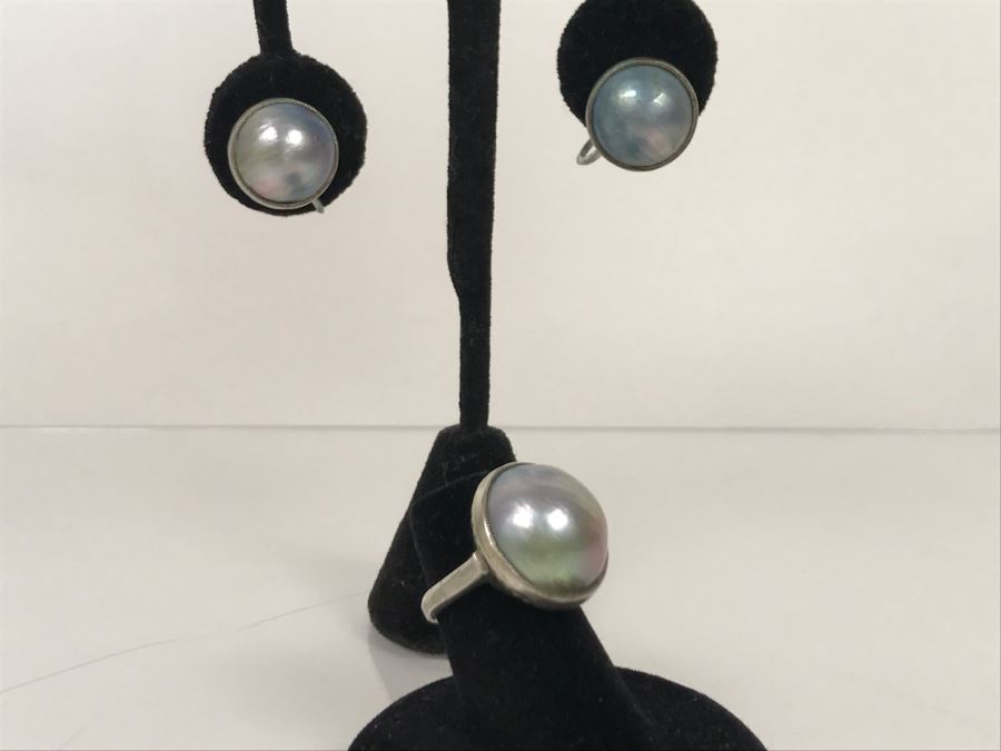 Vintage Sterling Silver Pearl Ring With Matching Earrings 13g [Photo 9]