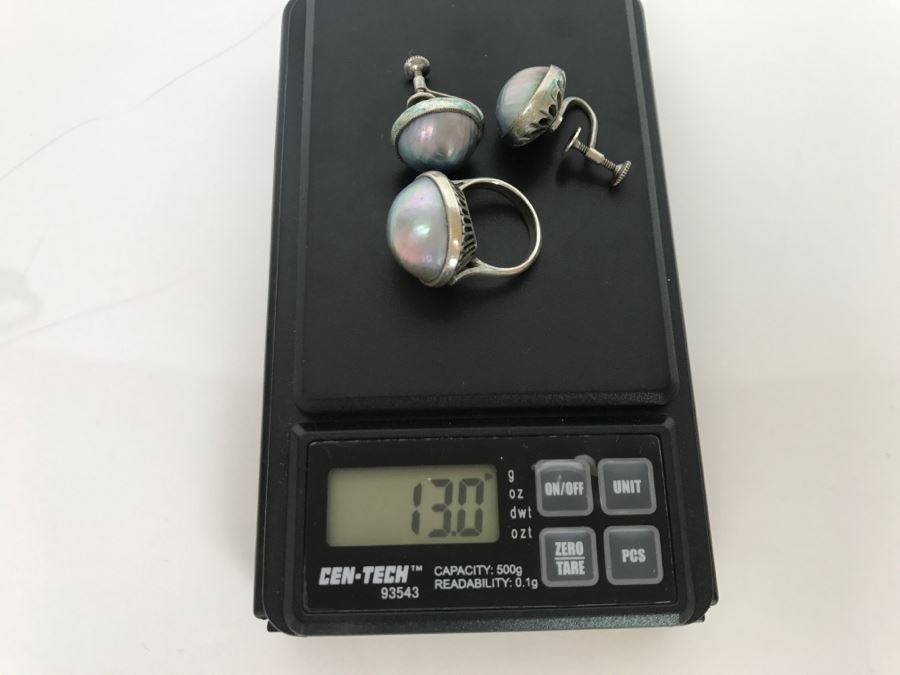 Vintage Sterling Silver Pearl Ring With Matching Earrings 13g [Photo 18]