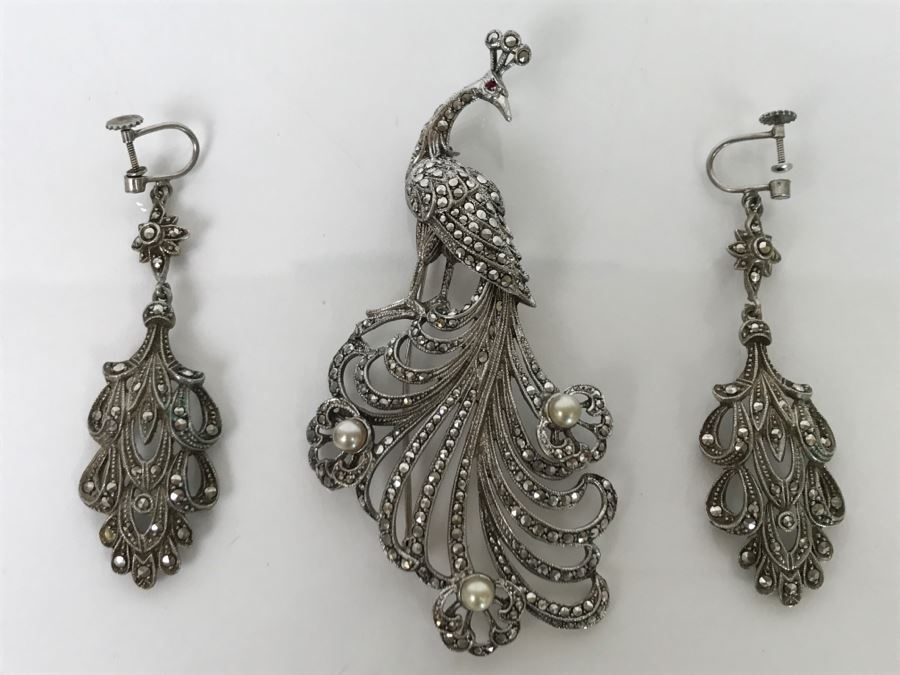 Vintage 835-935 Silver Marcasite Peacock Brooch And Matching Screw Clip Earrings 34.6g [Photo 14]