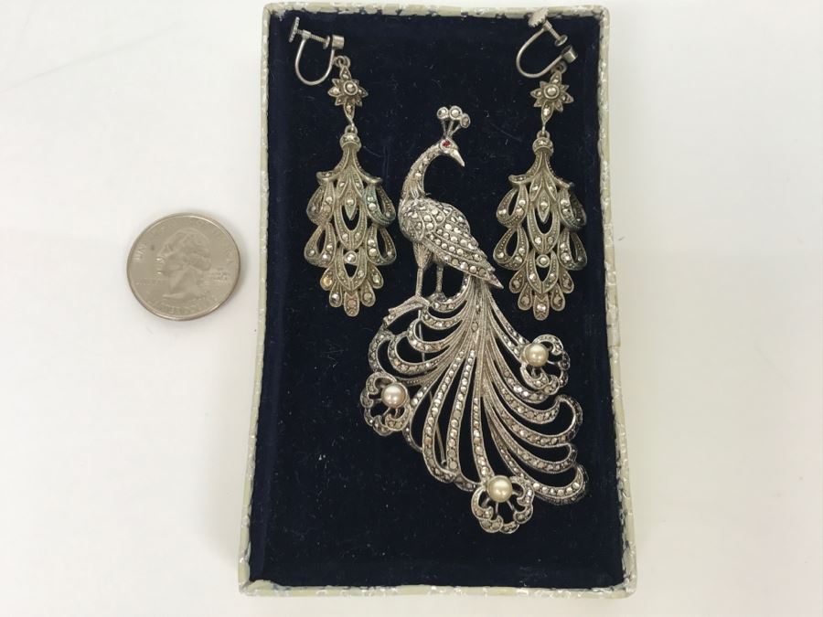 Vintage 835-935 Silver Marcasite Peacock Brooch And Matching Screw Clip Earrings 34.6g