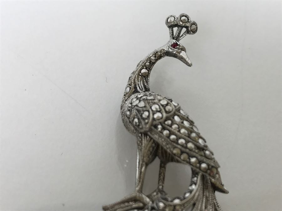 Vintage 835-935 Silver Marcasite Peacock Brooch And Matching Screw Clip Earrings 34.6g [Photo 18]