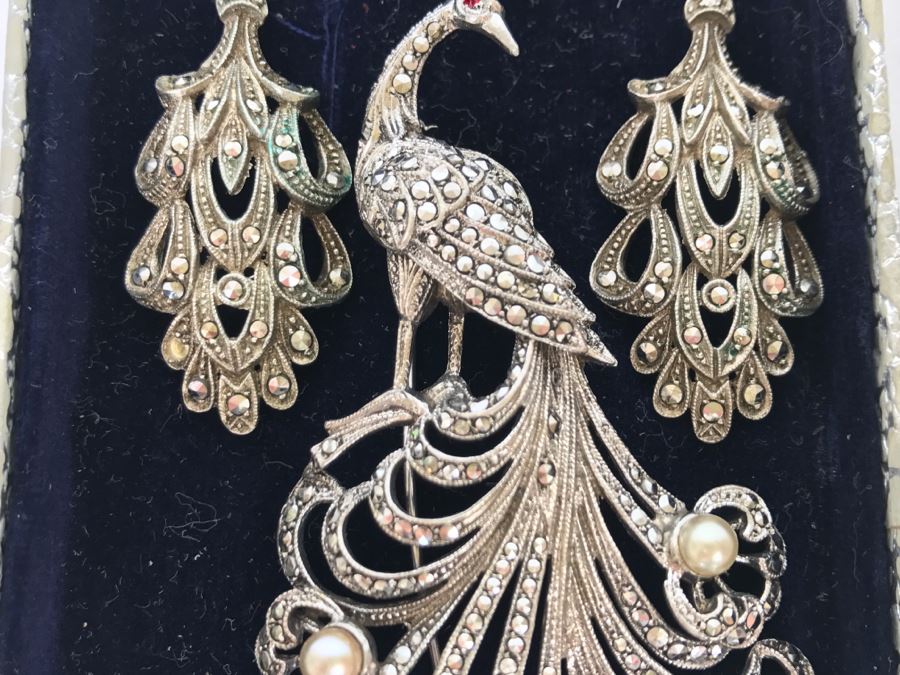 Vintage 835-935 Silver Marcasite Peacock Brooch And Matching Screw Clip Earrings 34.6g [Photo 7]