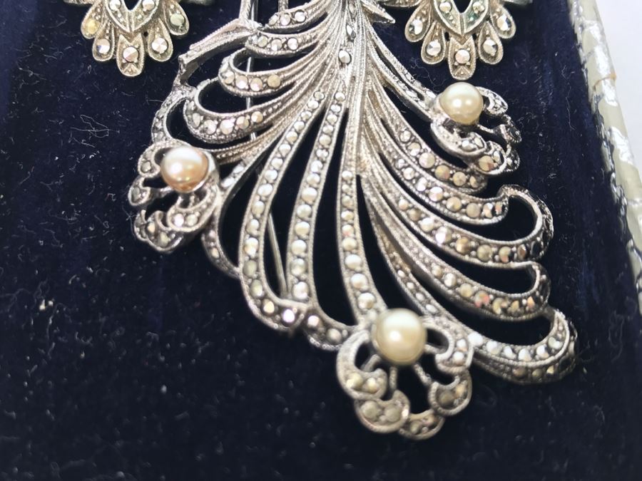 Vintage 835-935 Silver Marcasite Peacock Brooch And Matching Screw Clip Earrings 34.6g [Photo 8]