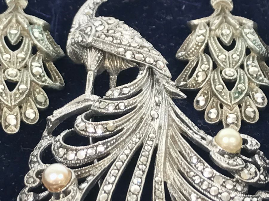 Vintage 835-935 Silver Marcasite Peacock Brooch And Matching Screw Clip Earrings 34.6g [Photo 12]