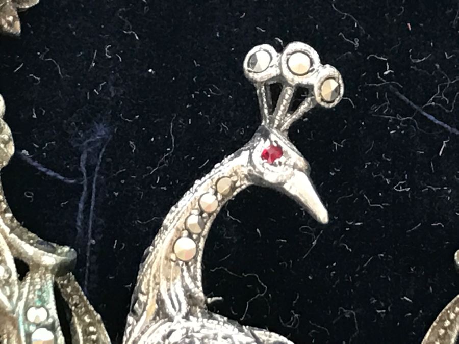 Vintage 835-935 Silver Marcasite Peacock Brooch And Matching Screw Clip Earrings 34.6g [Photo 11]
