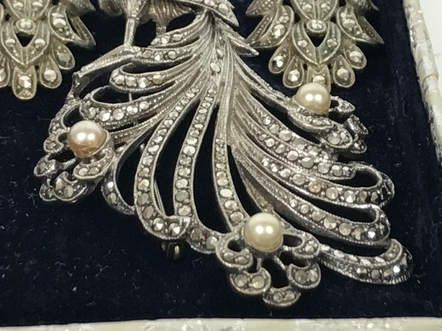 Vintage 835-935 Silver Marcasite Peacock Brooch And Matching Screw Clip Earrings 34.6g [Photo 13]
