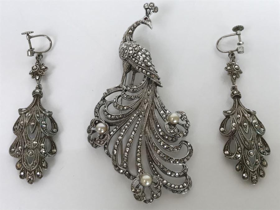 Vintage 835-935 Silver Marcasite Peacock Brooch And Matching Screw Clip Earrings 34.6g [Photo 16]