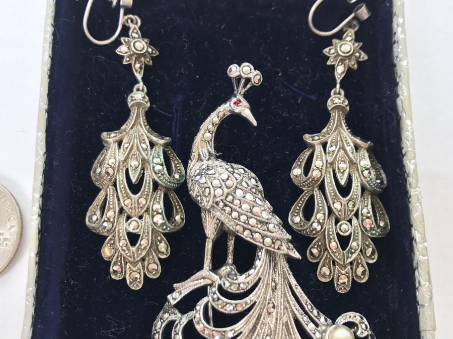 Vintage 835-935 Silver Marcasite Peacock Brooch And Matching Screw Clip Earrings 34.6g [Photo 5]