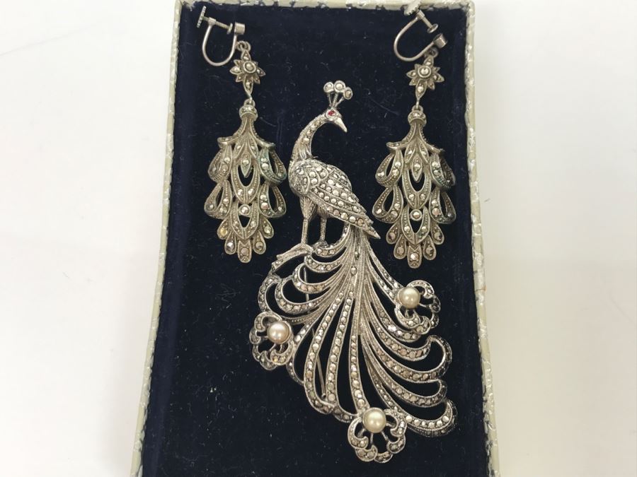 Vintage 835-935 Silver Marcasite Peacock Brooch And Matching Screw Clip Earrings 34.6g [Photo 4]