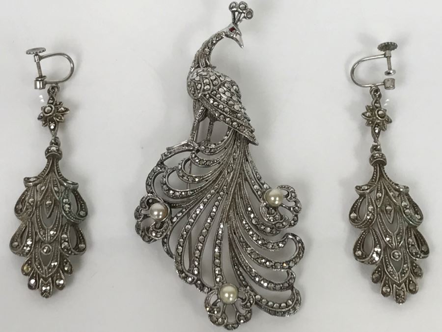 Vintage 835-935 Silver Marcasite Peacock Brooch And Matching Screw Clip Earrings 34.6g [Photo 20]