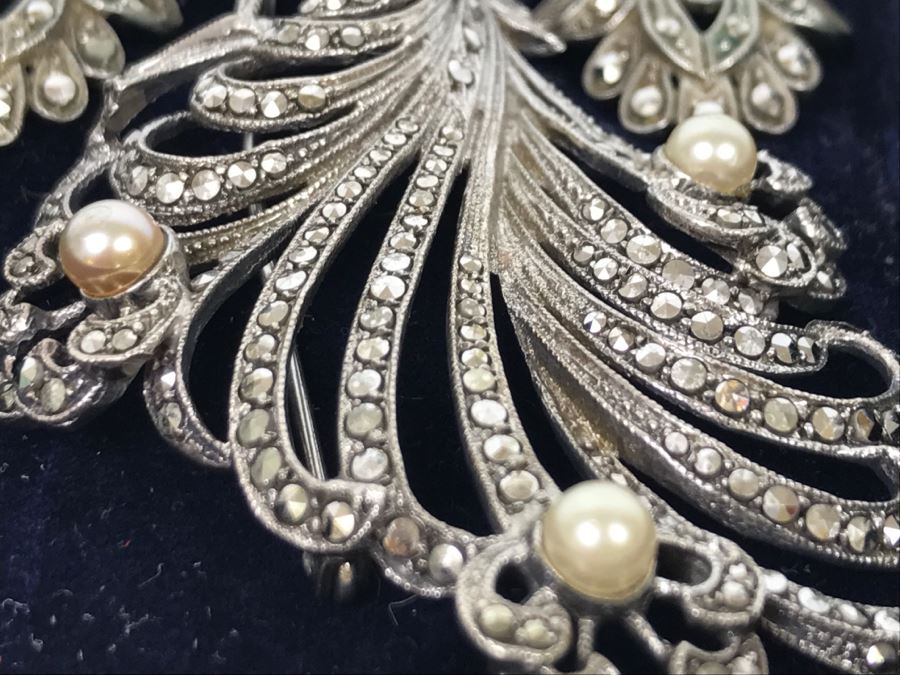 Vintage 835-935 Silver Marcasite Peacock Brooch And Matching Screw Clip Earrings 34.6g [Photo 9]