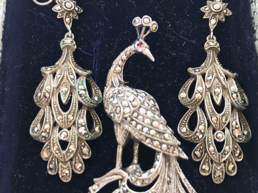 Vintage 835-935 Silver Marcasite Peacock Brooch And Matching Screw Clip Earrings 34.6g [Photo 6]