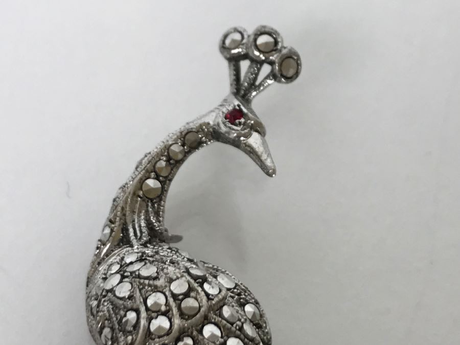 Vintage 835-935 Silver Marcasite Peacock Brooch And Matching Screw Clip Earrings 34.6g [Photo 19]