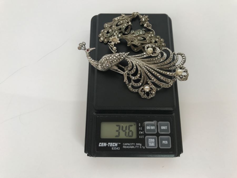 Vintage 835-935 Silver Marcasite Peacock Brooch And Matching Screw Clip Earrings 34.6g [Photo 28]
