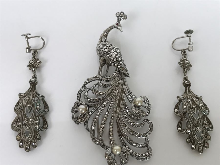 Vintage 835-935 Silver Marcasite Peacock Brooch And Matching Screw Clip Earrings 34.6g [Photo 15]
