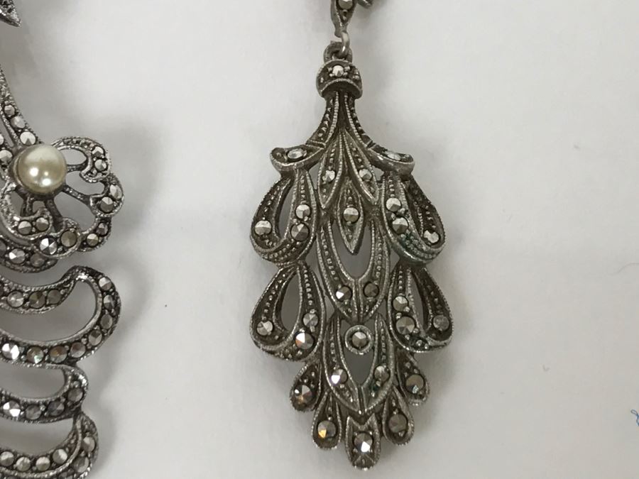 Vintage 835-935 Silver Marcasite Peacock Brooch And Matching Screw Clip Earrings 34.6g [Photo 21]